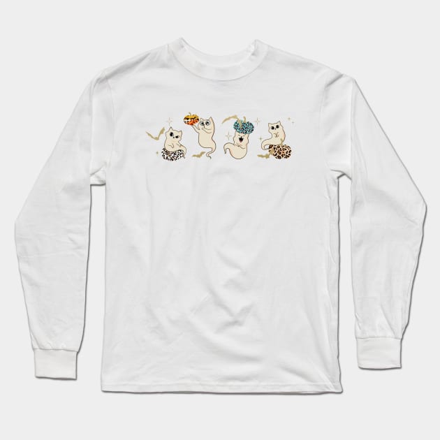 Halloween Ghost Cats Playing With Pumpkins animal print pumpkins and cat lovers Long Sleeve T-Shirt by Catmaleon Design